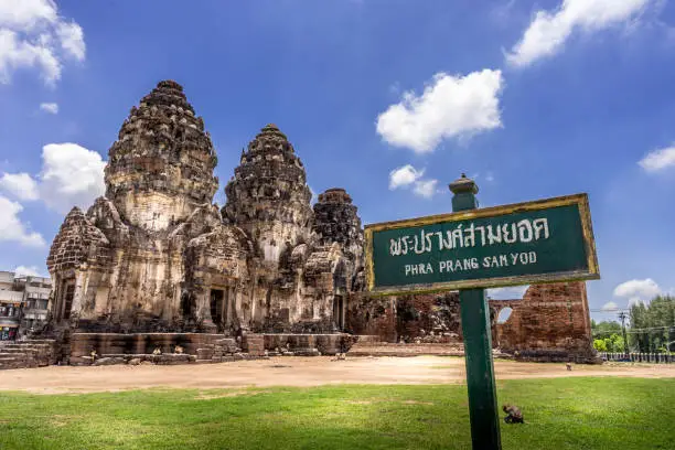 Phra Prang Sam Yod temple. An ancient Khmer architecture in Lopburi, Thailand