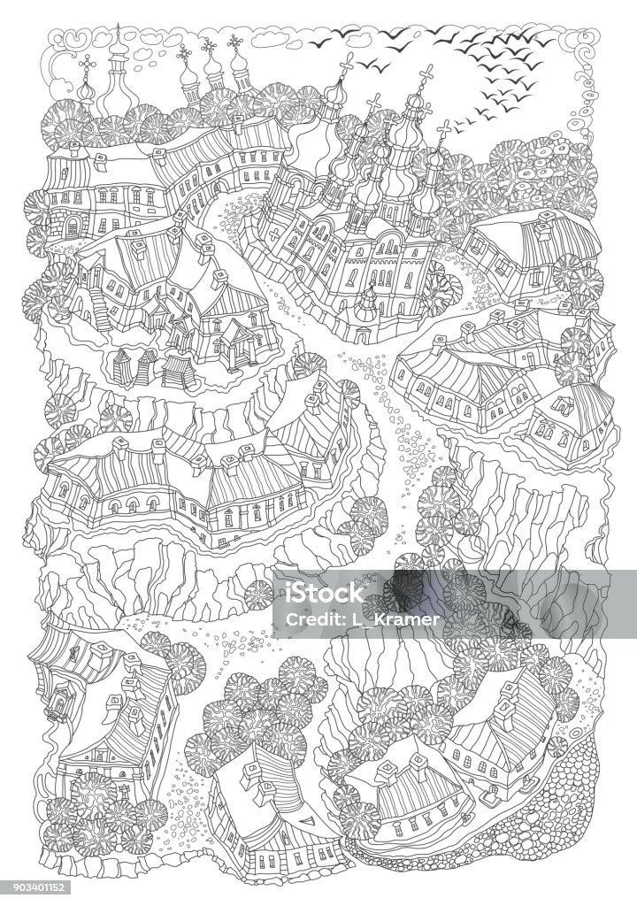 Vector black and white outline contoured fantasy landscape, trees, fairy small town buildings, church, garden and flying birds on a white background. T shirt print. Adults Coloring Book page Fairy Tale stock vector
