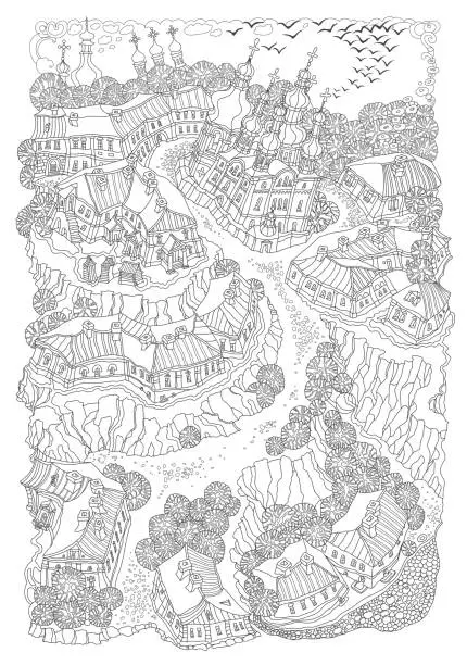 Vector illustration of Vector black and white outline contoured fantasy landscape, trees, fairy small town buildings, church, garden and flying birds on a white background. T shirt print. Adults Coloring Book page