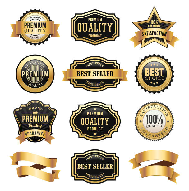 ilustrações de stock, clip art, desenhos animados e ícones de gold badges and ribbons set - elegance seal stamper success badge