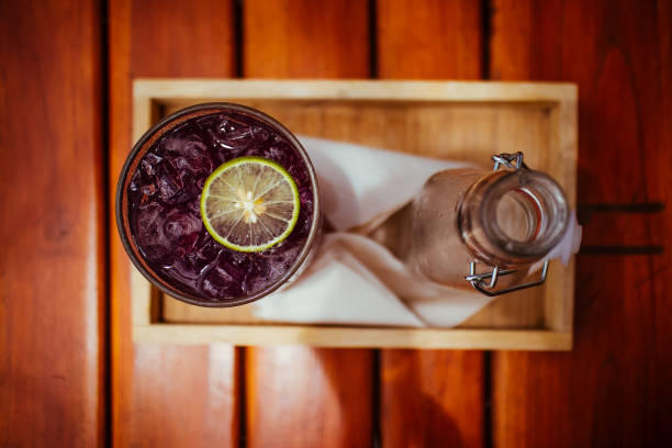 Butterfly pea with lime juice, cold drink. From top view