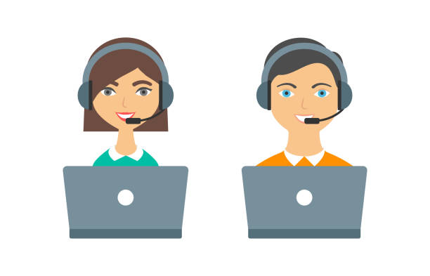 unterstützen, call center betreiber frau und mann mit kopfhörer und laptops - customer service representative illustrations stock-grafiken, -clipart, -cartoons und -symbole