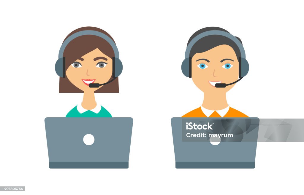 Support, call center operators woman and man with headphones and laptops Call Center stock vector