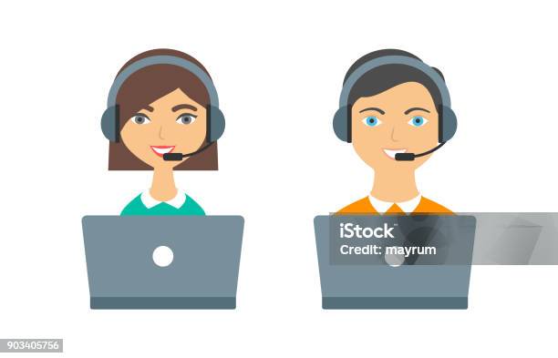 Support Call Center Operators Woman And Man With Headphones And Laptops Stock Illustration - Download Image Now