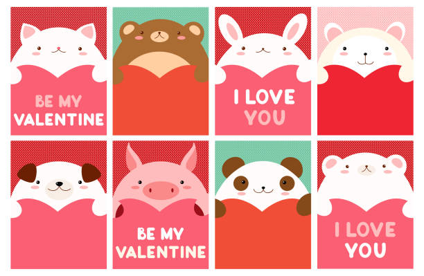 Valentine banner with cute animals Be my Valentine. Valentine's day banner, background, flyer, placard with cute animals. Holiday poster for scrapbooking. Vector template card for greeting, decoration, congratulation, invitation. EPS8 happy valentines day book stock illustrations