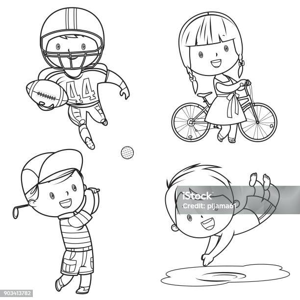 Drawing Sport Kids Stock Illustration - Download Image Now - Child, Coloring, American Football - Sport