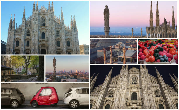 коллаж из фотографий достопримечательностей милана италия - collage monument ancient italy стоковые фото и изображения