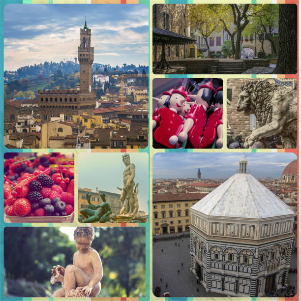 коллаж из фотографий достопримечательностей флоренции италия - collage monument ancient italy стоковые фото и изображения