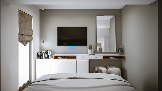 Render of a modern bedroom, digitally generated.