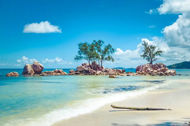 beutiful hidden beach on praslin island, seychelles islands.