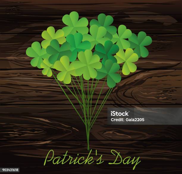 Clover Bouquet On Sticks Greeting Otkryka On St Patricks Day Irish Holiday Free Space For Your Text Or Advertisement Vector Illustration On A Wooden Background Stock Illustration - Download Image Now