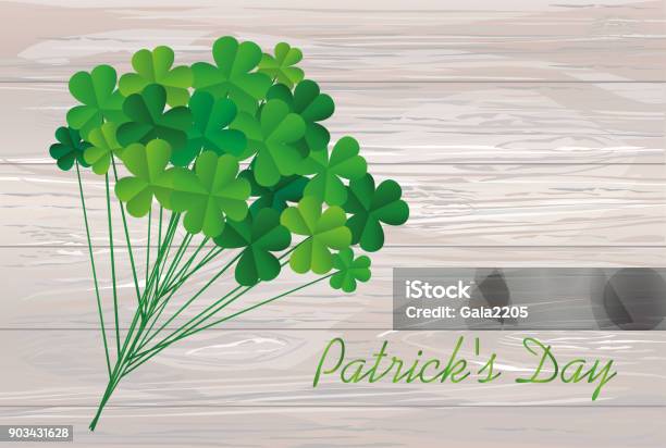 Clover Bouquet On Sticks Greeting Otkryka On St Patricks Day Irish Holiday Free Space For Your Text Or Advertisement Vector Illustration On A Wooden Background Stock Illustration - Download Image Now