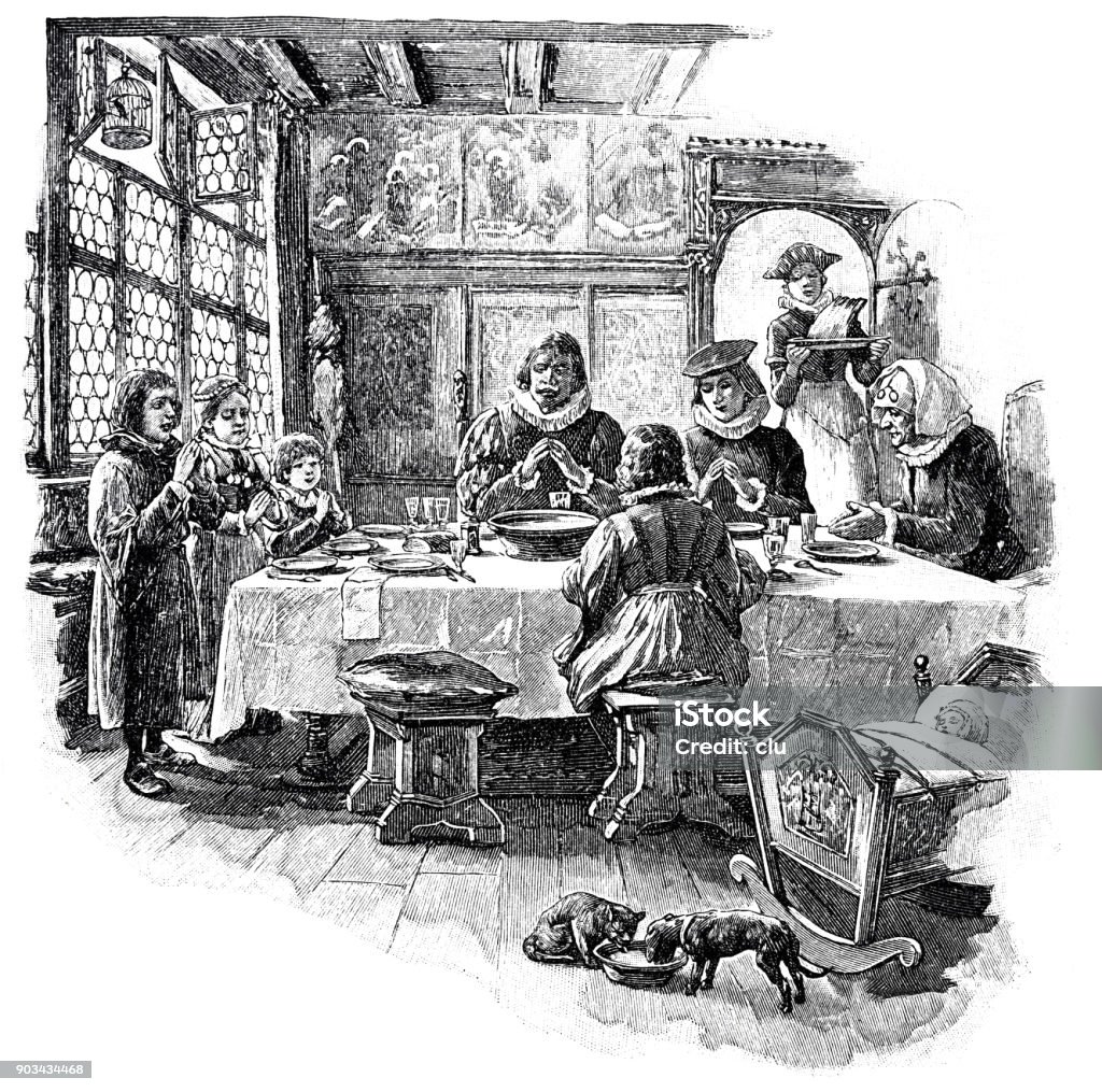 Family prays before meal Illustration from 19th century Archival stock illustration
