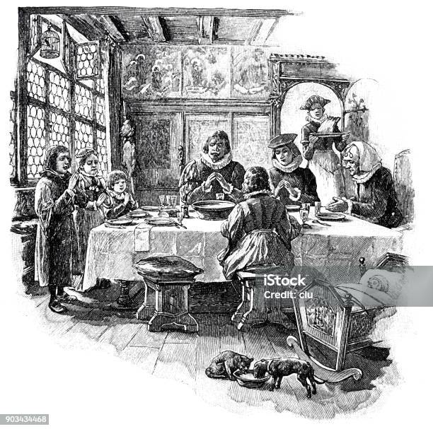 Family Prays Before Meal Stock Illustration - Download Image Now - Archival, Dinner, Family