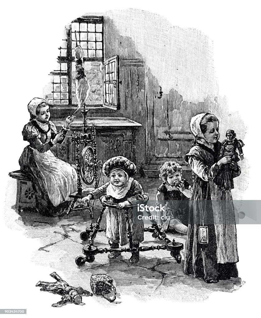 Baby learns to walk in the children's room Illustration from 19th century Child stock illustration