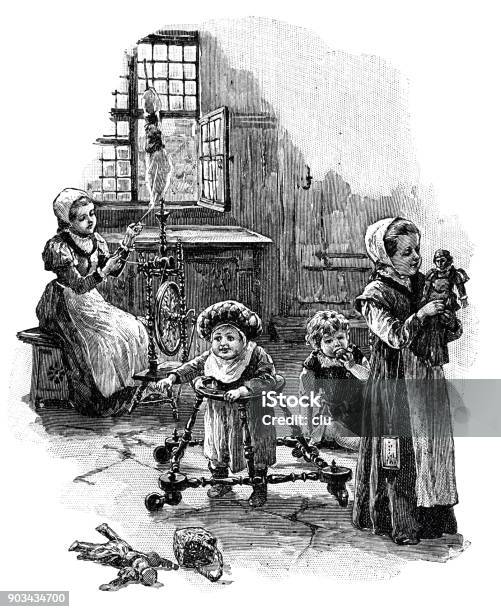 Baby Learns To Walk In The Childrens Room Stock Illustration - Download Image Now - Child, 1897, 19th Century