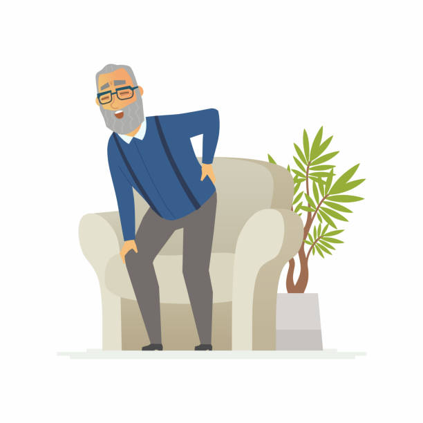 ilustrações de stock, clip art, desenhos animados e ícones de senior man with a backache - cartoon people characters isolated illustration - gear tall solution people