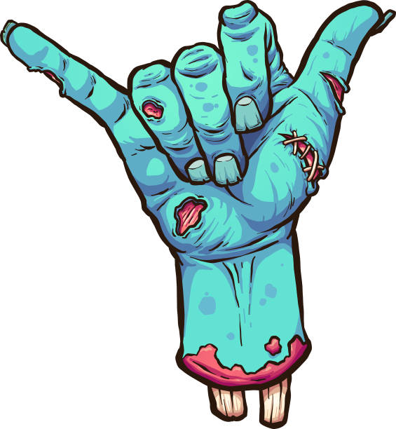 Hang loose zombie Severed zombie hand making the hang loose hand sign. Vector clip art illustration with simple gradients. All in a single  layer. zombie stock illustrations