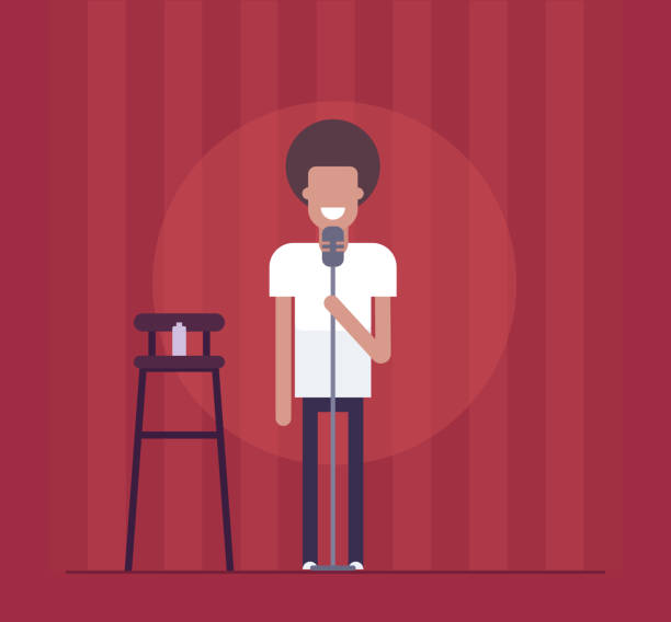 Man performing - modern flat design style isolated illustration Man performing - modern flat design style isolated illustration on red curtain background. Smiling stand-up comedian acting before the audience. An image of a high chair, bottle, microphone one man only stock illustrations
