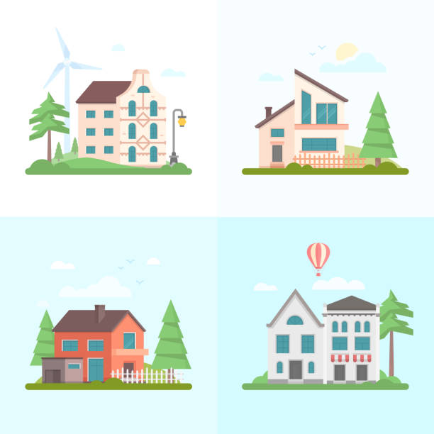 ilustrações, clipart, desenhos animados e ícones de bom edifícios - conjunto de ilustrações de estilo moderno design plano - residential district backgrounds beauty blue