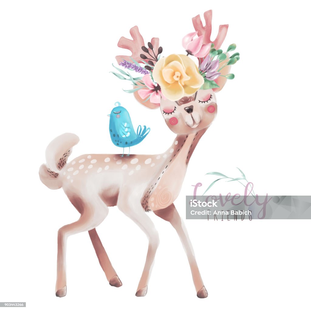 Cute watercolor dreaming deer, fawn with flowers on the horns and little blue baby bird Cute watercolor dreaming deer, fawn with flowers on the horns and little blue baby bird. Lovely friends woodland, forest animals isolated on white Watercolor Painting stock illustration