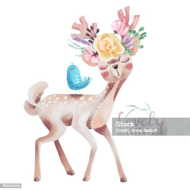 Cute Watercolor Dreaming Deer Fawn With Flowers On The Horns And Little Blue Baby Bird Stock Illustration - Download Image Now