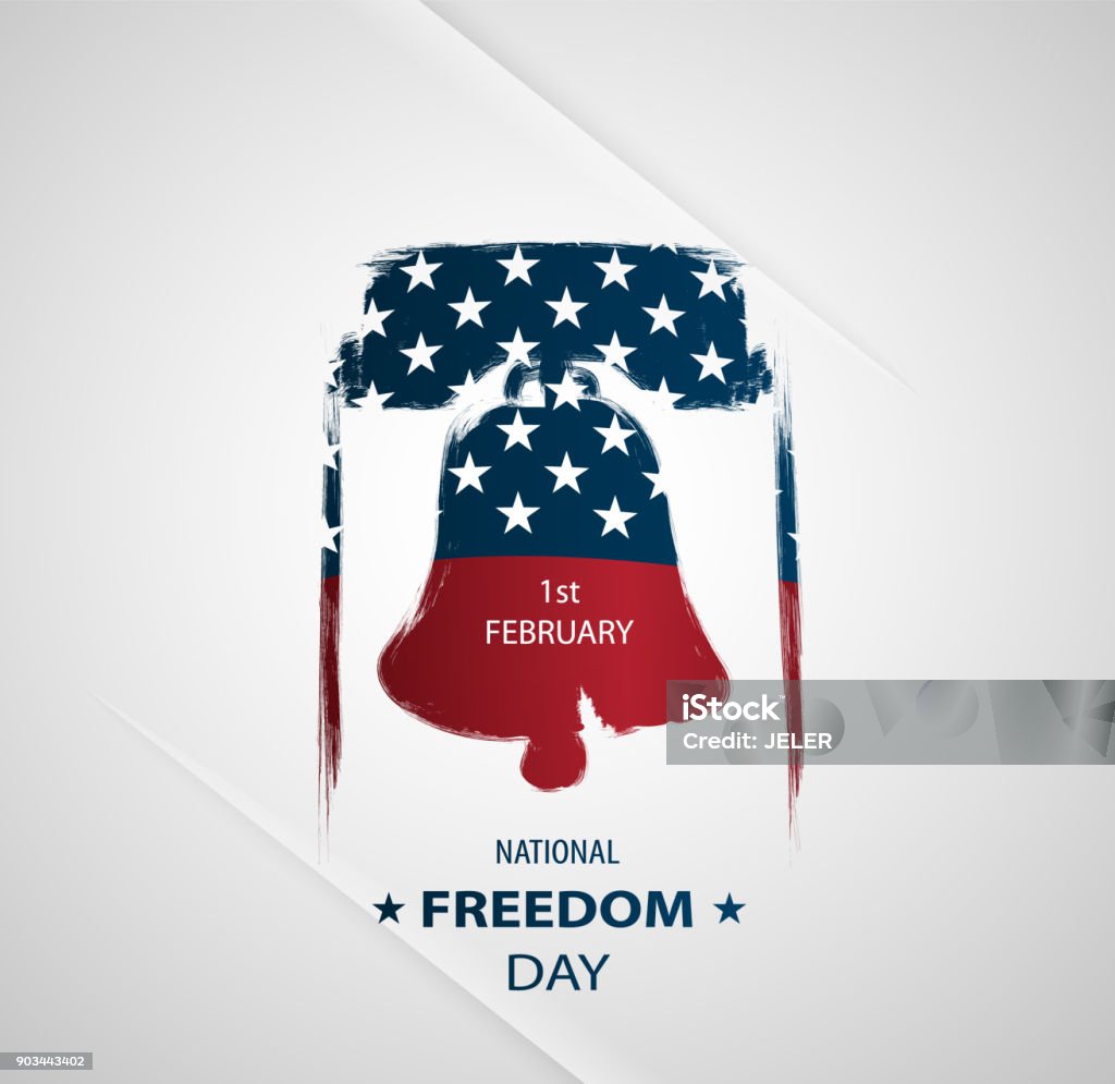 Poster or banners –  on  National Freedom Day! - February 1st. USA flag as background and Liberty Bell silhouette. Vintage style. Liberty Bell - Philadelphia stock vector