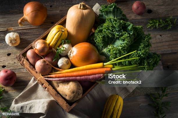 Raw Organic Winter Farmers Market Box Stock Photo - Download Image Now - Vegetable, Fruit, Autumn