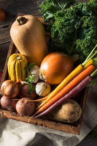 Raw Organic Winter Farmers Market Box with Potatoes Garlic Onion Squash and Kale