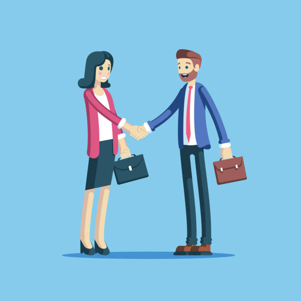 бизнесмен и бизнес-леди рукопожатие - businessman two people business person handshake stock illustrations