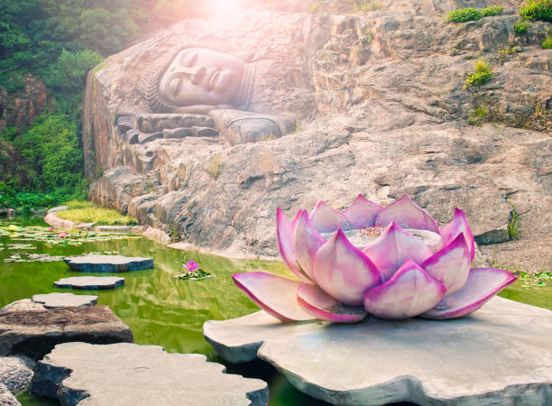 sleeping buddha statue at lotus pond warm cross-processed image of statue of sleeping Buddha carved in rock at lotus pond in temple with lotus shaped incent stand at sunset anuradhapura photos stock pictures, royalty-free photos & images