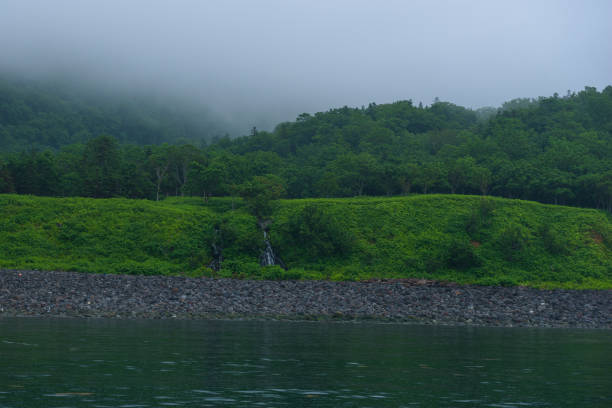 terrenos bosque verde con una pequeña de agua caída en la península de shiretoko, visto desde el mar de ojotsk - water waterfall sky seascape fotografías e imágenes de stock