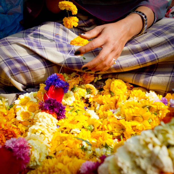 Floral Arrangement For Festival And Religious Offerings In India.