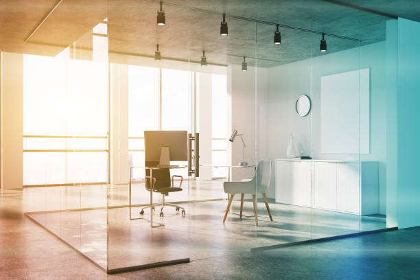 istock White and glass office lobby, stairs side toned 903451064