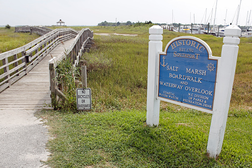 Southport, NC: Southport Salt Marsh Boardwalk and Waterway Overlook entry sign. Southport Salt Marsh Boardwalk and Waterway Overlook.