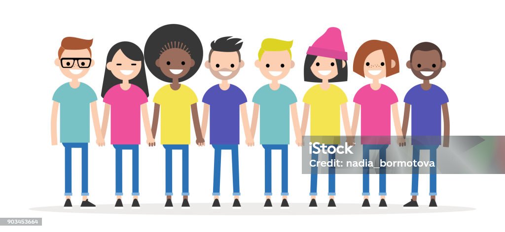 Set of characters holding each other's hands. Diversity conceptual illustration. Friends. Multiracial group of young people. Flat editable characters, clip art Holding Hands stock vector