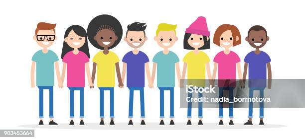 Set Of Characters Holding Each Others Hands Diversity Conceptual Illustration Friends Multiracial Group Of Young People Flat Editable Characters Clip Art Stock Illustration - Download Image Now