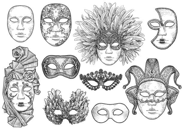 illustrazioni stock, clip art, cartoni animati e icone di tendenza di illustrazione maschera veneziana, disegno, incisione, inchiostro, line art, vettore - venezia