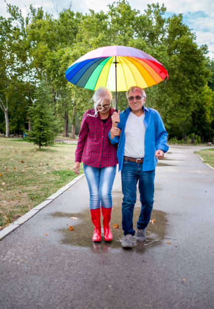 istock The old couple in the rain with umbrellas 903456556