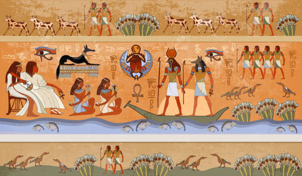 ilustraciones, imágenes clip art, dibujos animados e iconos de stock de escena del antiguo egipto, mitología. dioses egipcios y faraones. murales de egipto antiguo. jeroglíficos esculpidos en las paredes exteriores de un templo antiguo. fondo de egipto - egypt