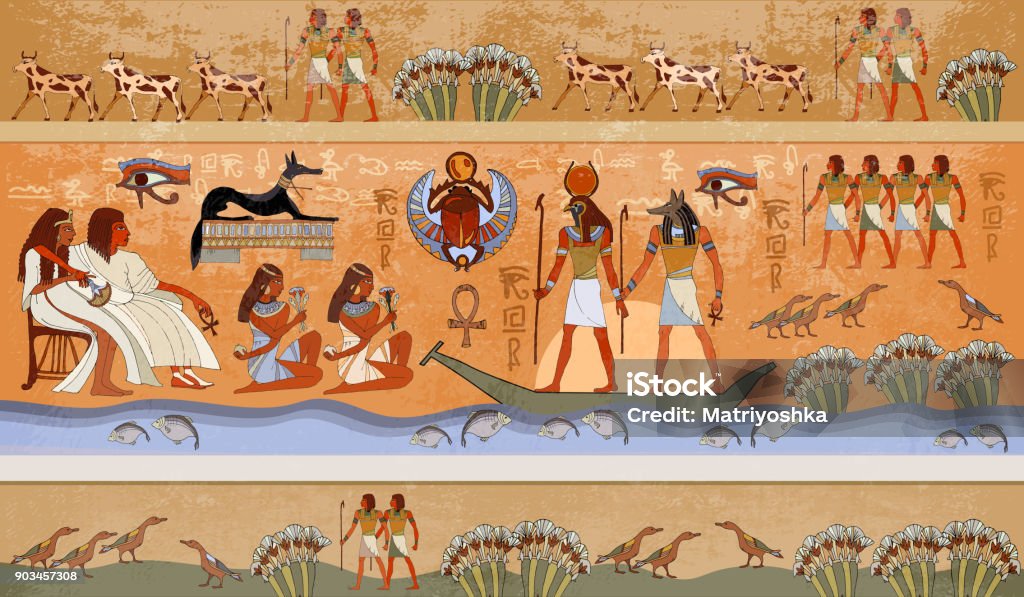 Сцена Древнего Египта, мифология. Египетские боги и фараоны. Фрески Древнего Египта. Иероглифическая резьба на наружных стенах древнего хр� - Векторная графика Египет роялти-фри
