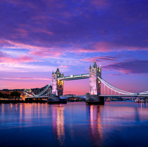 London Tower Bridge sunset on Thames river in England