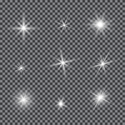 Vector set of glare lighting, twinkle lens flares. Transparent gradient stars, lightning flare. Magic, bright, natural effects. Abstract texture for your design and business.