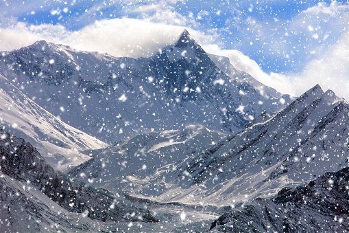 Mount Khangsar Kang (Roc Noir), Annapurna range from Ice Lake, way to Thorung La pass, Round Annapurna circuit trekking trail, Nepal