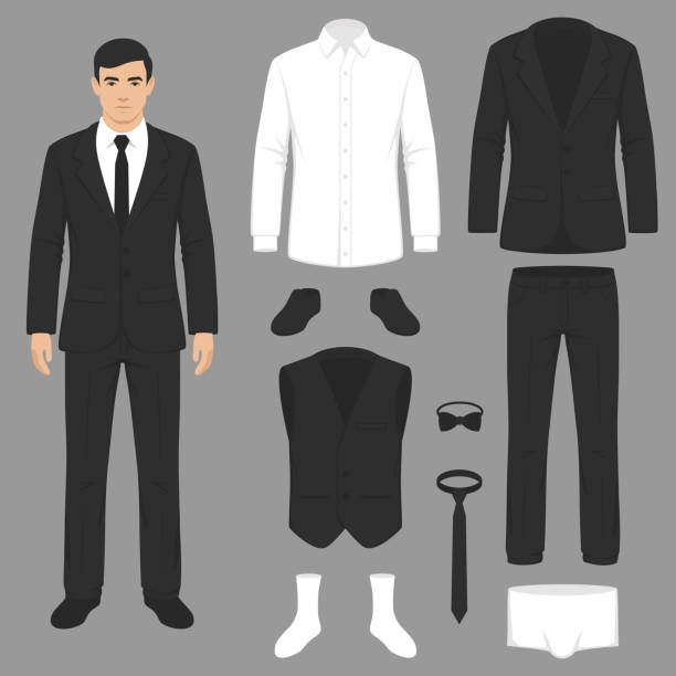 ilustrações de stock, clip art, desenhos animados e ícones de men fashion, suit uniform, jacket, pants, shirt and shoes isolated - wedding suit