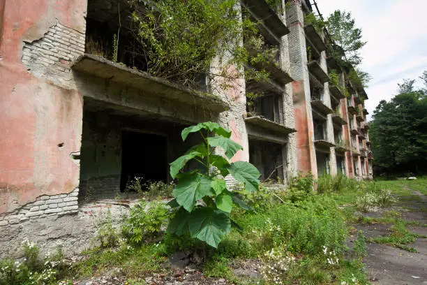 Abandoned house destroyed by war. Mining ghost-town Polyana, Abkhazia. Remnant of The Georgian-Abkhazian war