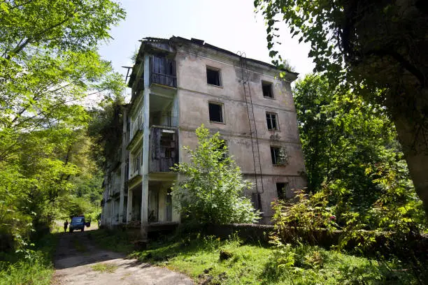 Abandoned house destroyed by war. Mining ghost-town Polyana, Abkhazia. Remnant of The Georgian-Abkhazian war