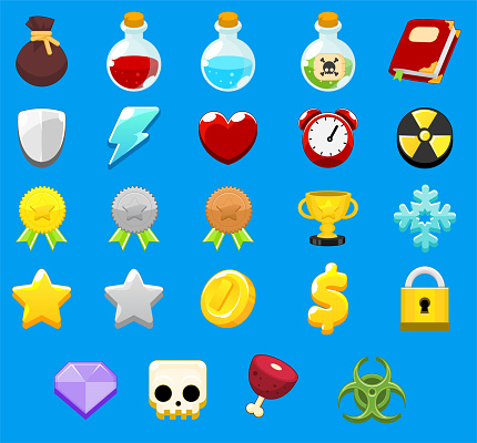 Collection of various icons used for building video game user interface
