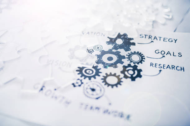 business planning work images business strategy Many sketches and gear shaped objects on white paper representing a business strategy business plan stock pictures, royalty-free photos & images