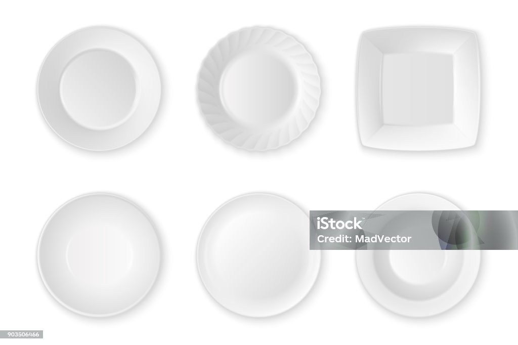 Realistic vector white food empty plate icon set closeup isolated on white background. Kitchen appliances utensils for eating. Design template, mock up for graphics, printing etc. Top view Realistic vector white food empty plate icon set closeup isolated on white background. Kitchen appliances utensils for eating. Design template, mock up for graphics, printing etc. Top view. Plate stock vector